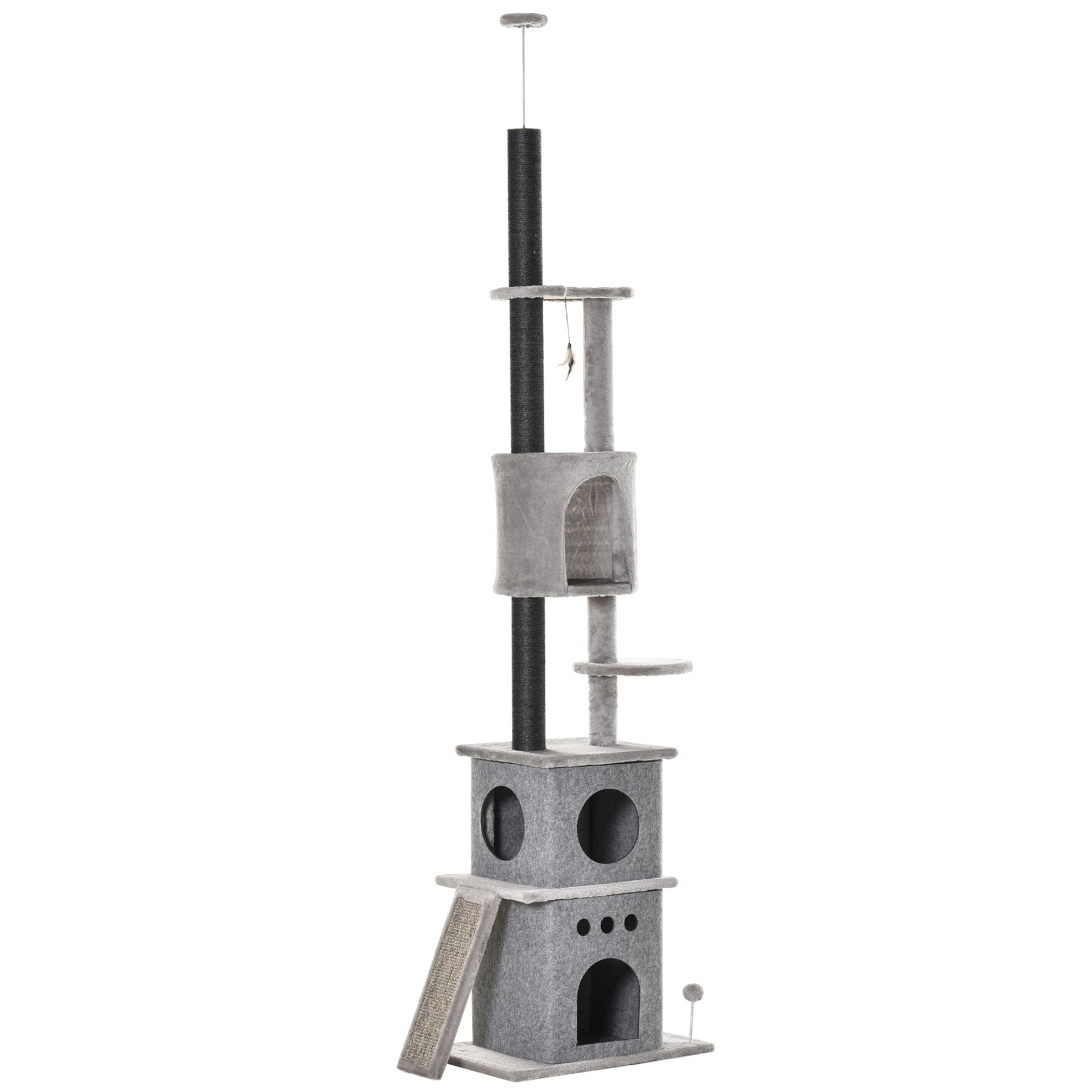 PawHut 255cm Floor To Ceiling Cat Tree for Indoor Cats Climber Scratching Post Adjustable Height Play Tower Removable Cover Grey - Baig Merchant