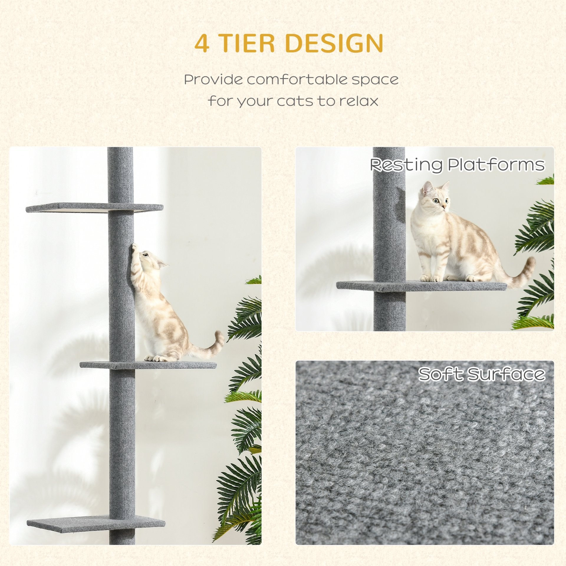 PawHut 260cm Floor To Ceiling Cat Tree - Three Platforms Activity Centre - Grey - Baig Merchant