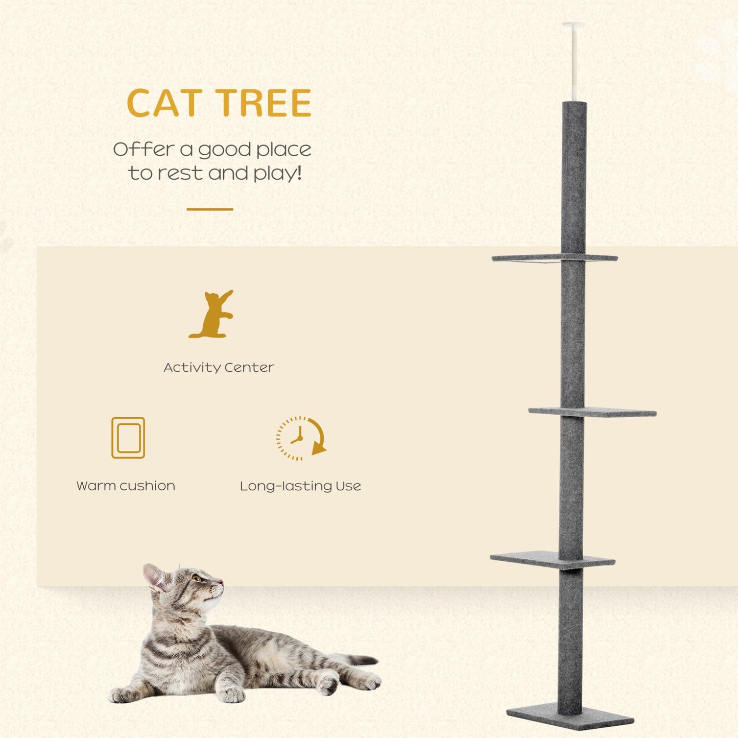 PawHut 260cm Floor To Ceiling Cat Tree - Three Platforms Activity Centre - Grey - Baig Merchant