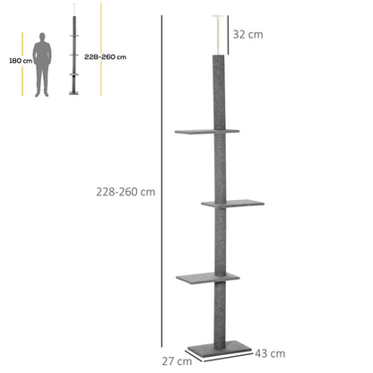 PawHut 260cm Floor To Ceiling Cat Tree - Three Platforms Activity Centre - Grey - Baig Merchant