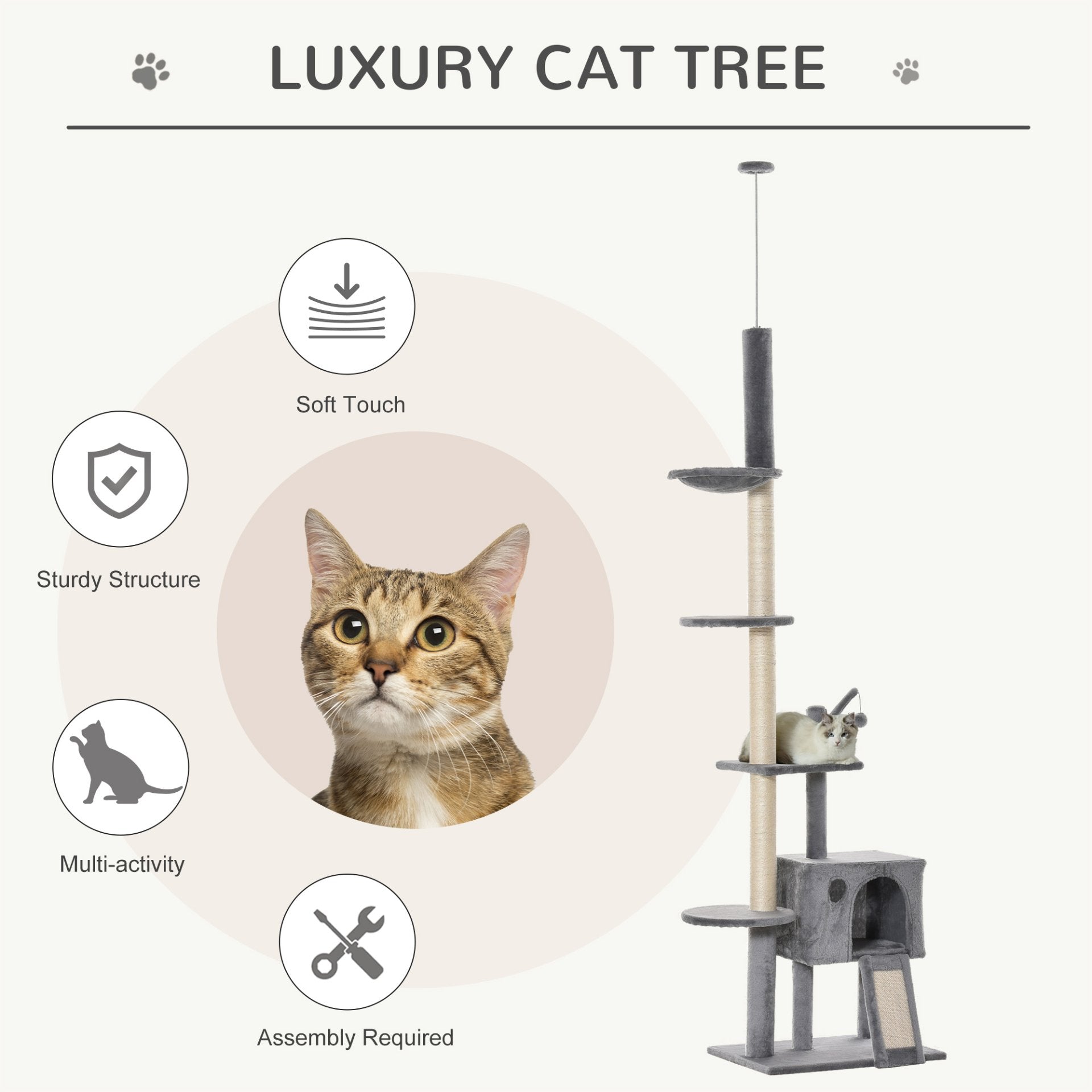 PawHut 270cm Floor To Ceiling Cat Tree Cat House Scratching Post for Indoor Cats Hammock Hanging Ball Activity Center Grey - Baig Merchant