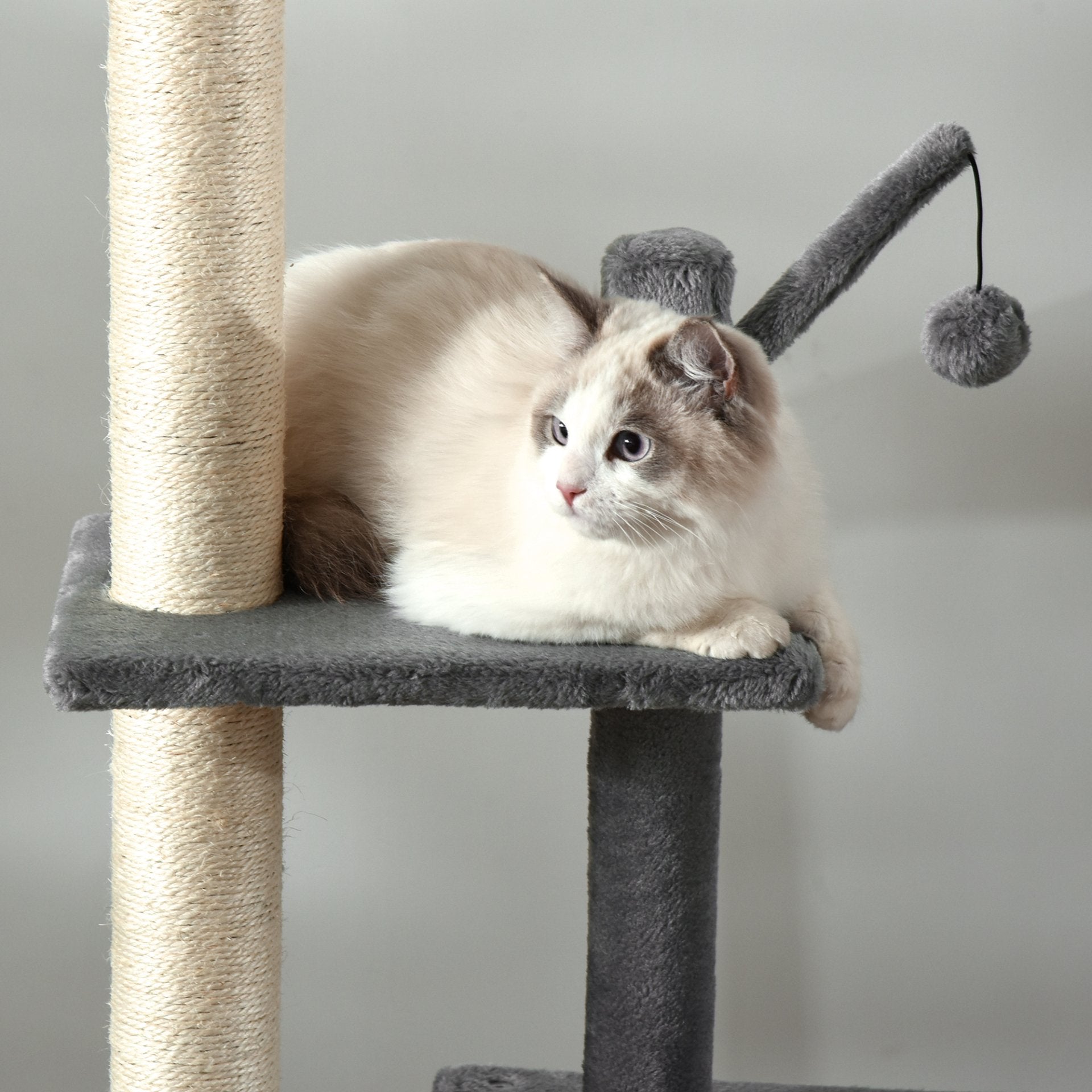 PawHut 270cm Floor To Ceiling Cat Tree Cat House Scratching Post for Indoor Cats Hammock Hanging Ball Activity Center Grey - Baig Merchant