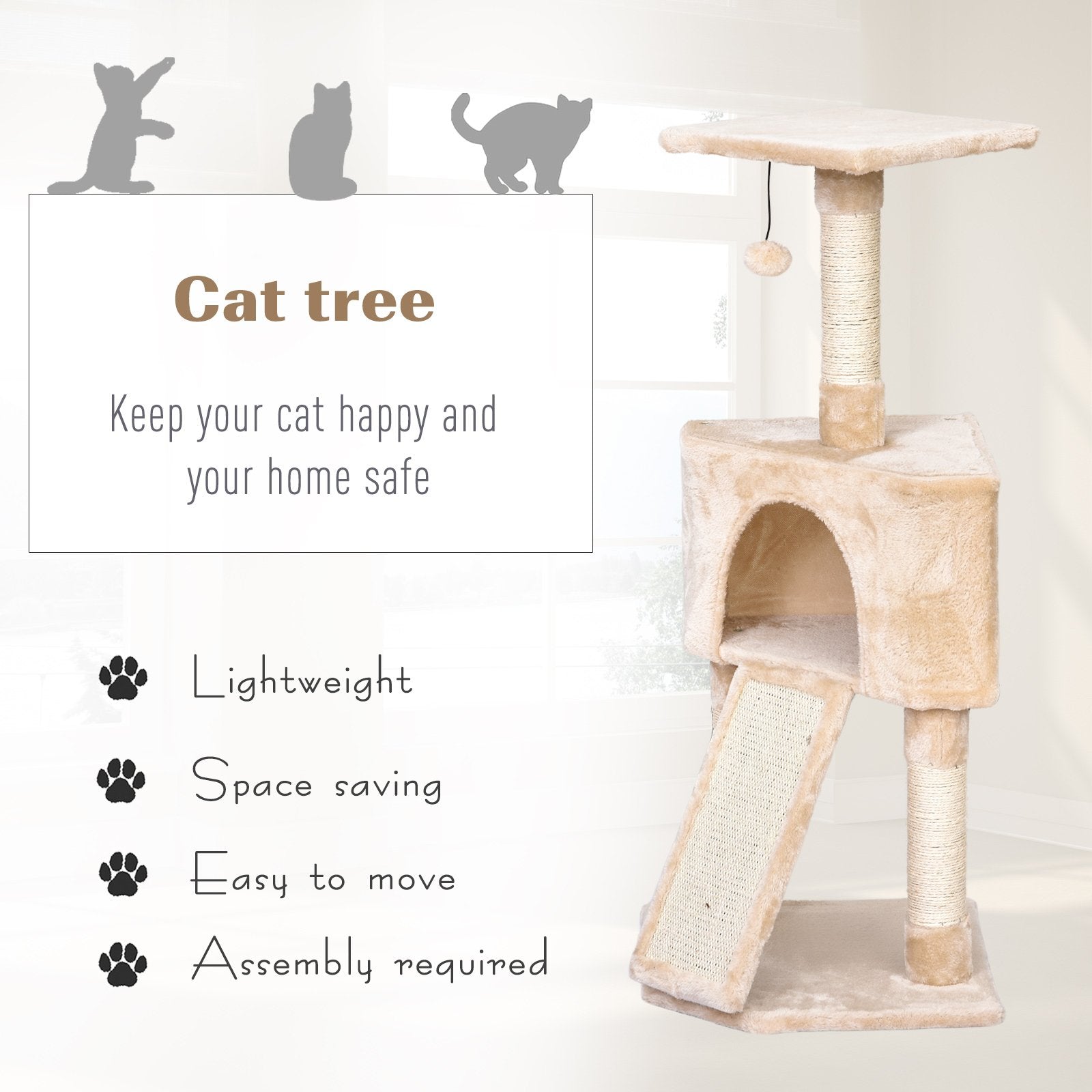 PawHut 3 Level Cat Tree for Indoor Cats | Activity Centre Sisal Scratching Posts Perch Condo and Ladder Cat Furniture For Kitten - Beige - Baig Merchant