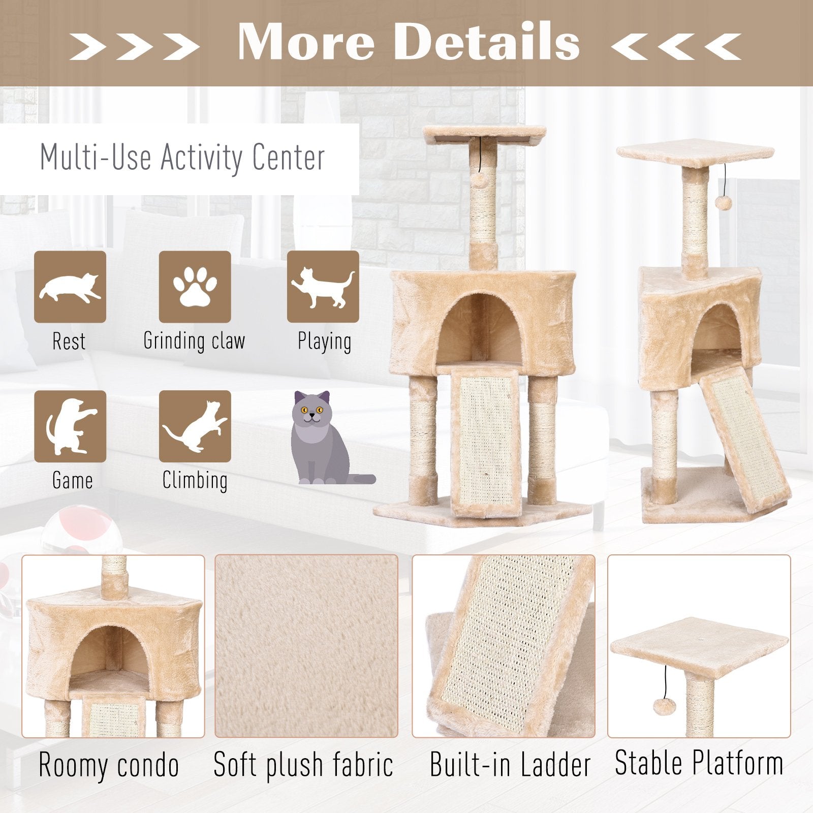 PawHut 3 Level Cat Tree for Indoor Cats | Activity Centre Sisal Scratching Posts Perch Condo and Ladder Cat Furniture For Kitten - Beige - Baig Merchant