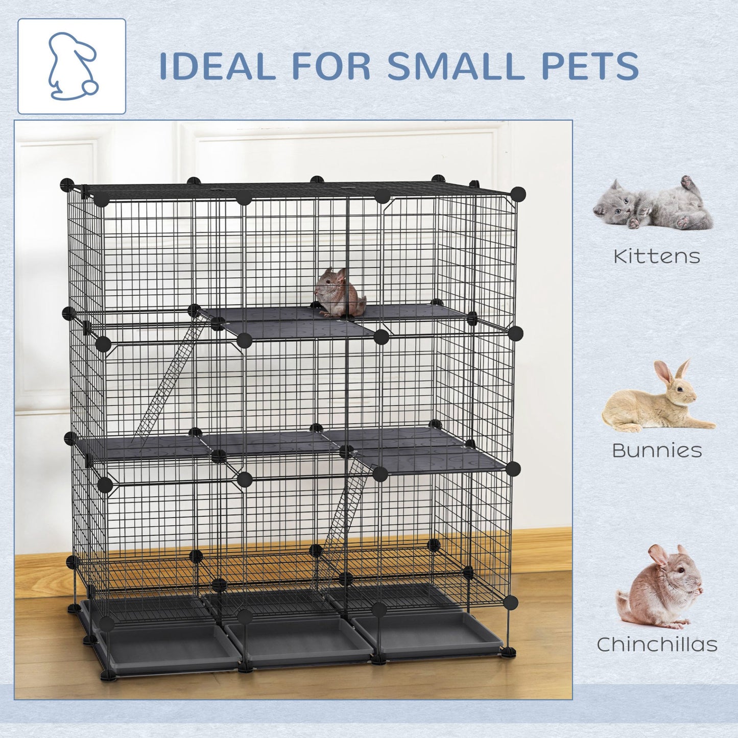 PawHut 3 Level DIY Pet Playpen Metal Small Animal Cage Rabbit Ferret Chinchillas Cage 4 Doors Bottom Trays Black - Baig Merchant