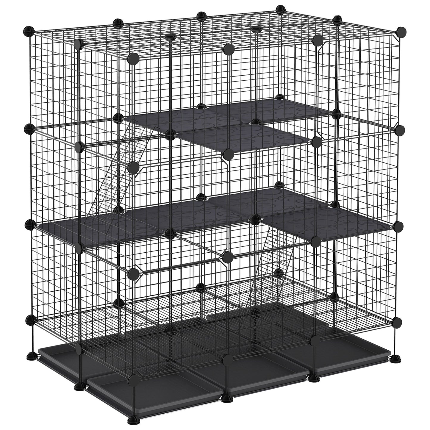 PawHut 3 Level DIY Pet Playpen Metal Small Animal Cage Rabbit Ferret Chinchillas Cage 4 Doors Bottom Trays Black - Baig Merchant