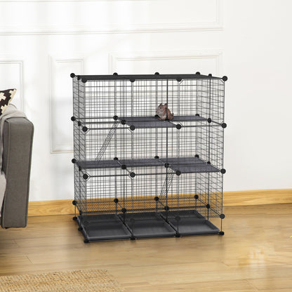 PawHut 3 Level DIY Pet Playpen Metal Small Animal Cage Rabbit Ferret Chinchillas Cage 4 Doors Bottom Trays Black - Baig Merchant