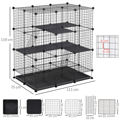 PawHut 3 Level DIY Pet Playpen Metal Small Animal Cage Rabbit Ferret Chinchillas Cage 4 Doors Bottom Trays Black - Baig Merchant