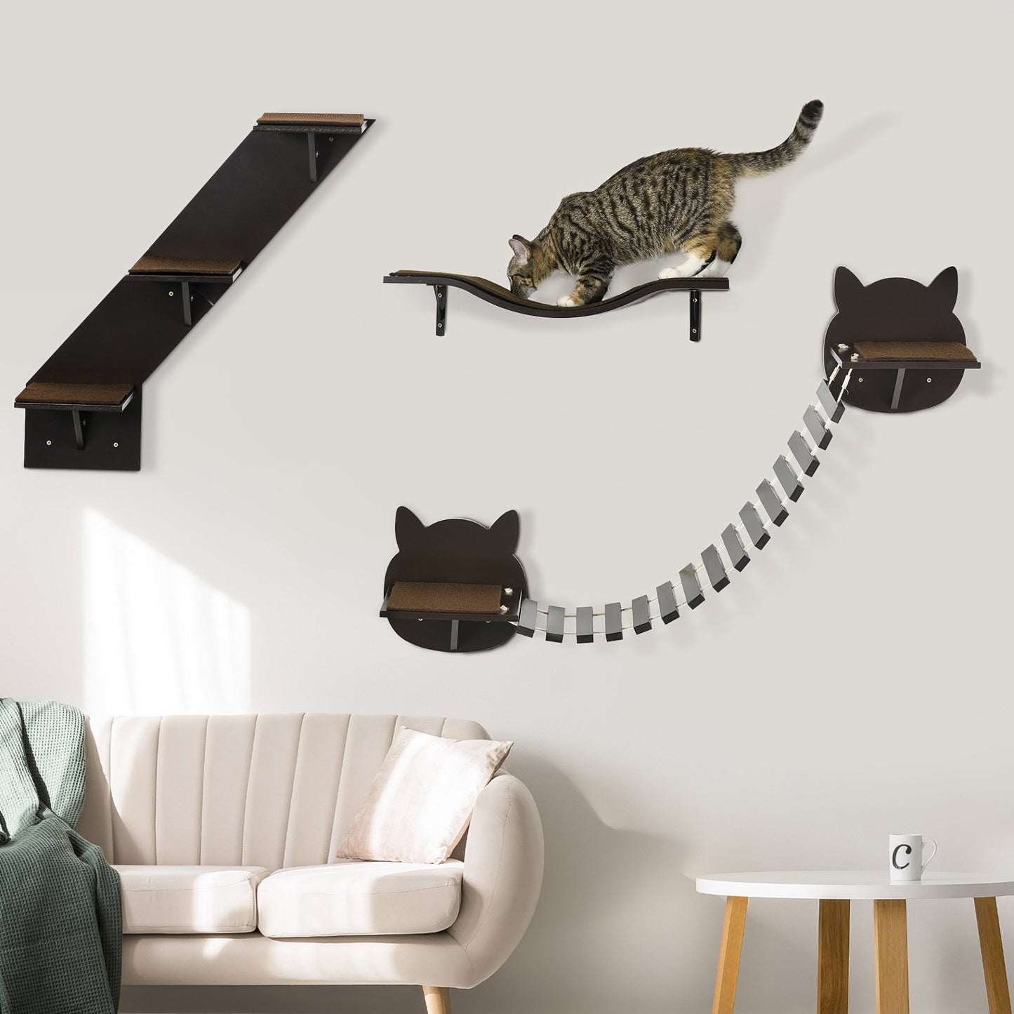 PawHut 3 PCs Wall Mounted Cat Tree Cat Shelves Climbing Shelf Set, Kitten Activity Centre w/ Jumping Platforms, Ladders - Brown - Baig Merchant