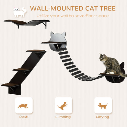 PawHut 3 PCs Wall Mounted Cat Tree Cat Shelves Climbing Shelf Set, Kitten Activity Centre w/ Jumping Platforms, Ladders - Brown - Baig Merchant