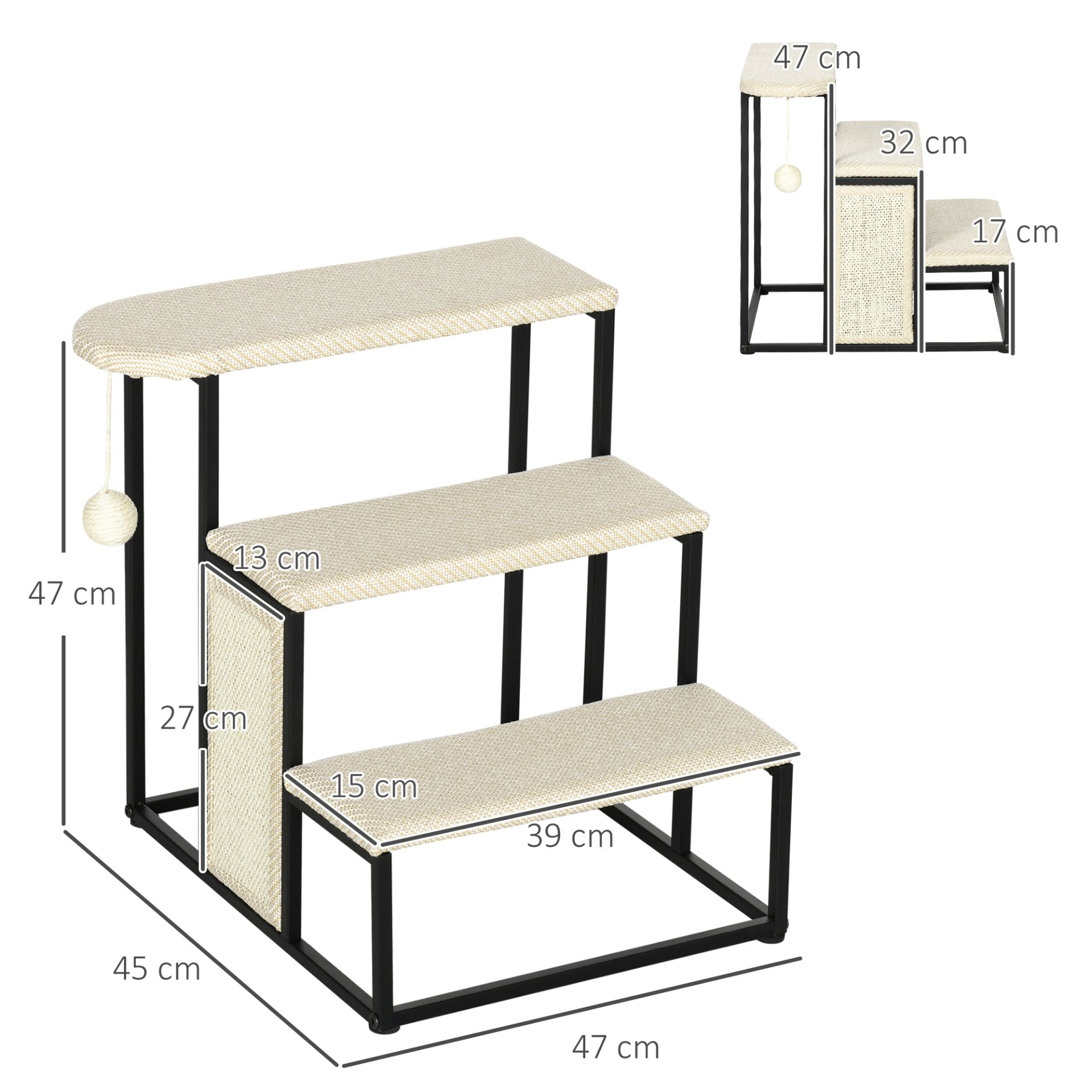 PawHut 3 - Step Dog Stairs | Pet Steps for Cats & Dogs with Sisal Scratching Board, Hanging Toy Ball, 47 x 45 x 47cm - Cream White - Baig Merchant