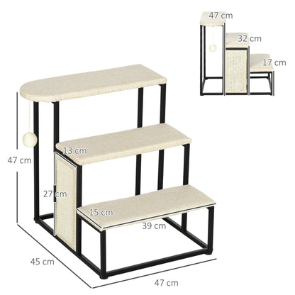 PawHut 3 - Step Dog Stairs | Pet Steps for Cats & Dogs with Sisal Scratching Board, Hanging Toy Ball, 47 x 45 x 47cm - Cream White - Baig Merchant