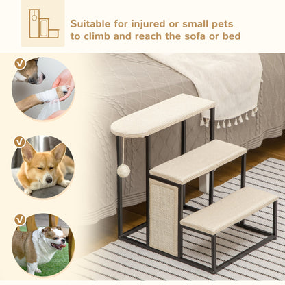 PawHut 3 - Step Dog Stairs | Pet Steps for Cats & Dogs with Sisal Scratching Board, Hanging Toy Ball, 47 x 45 x 47cm - Cream White - Baig Merchant