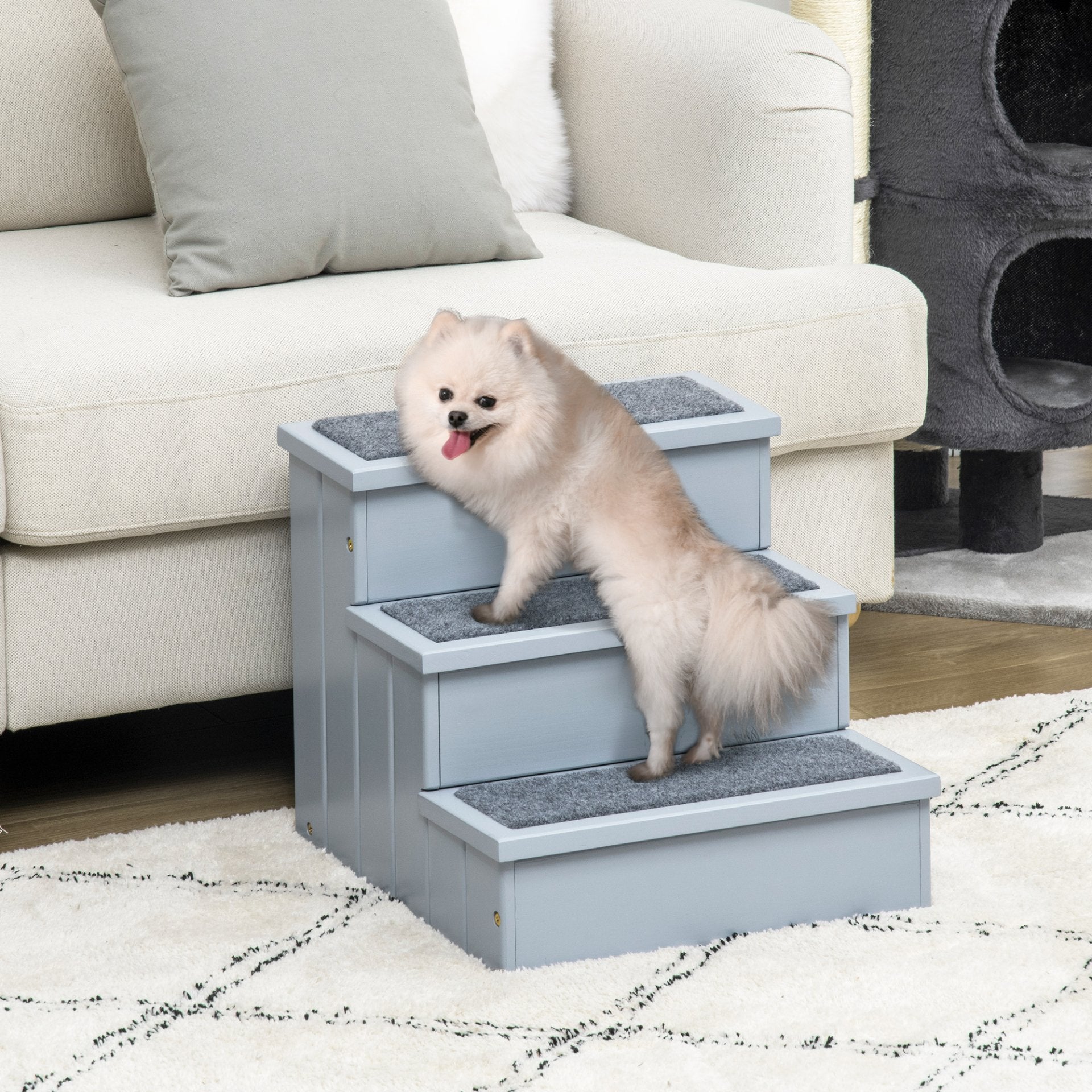 PawHut 3 Step Wooden Dog Steps Pet Stairs for Dogs, Cat Ladder for Bed Couch with Storage Grey - Baig Merchant