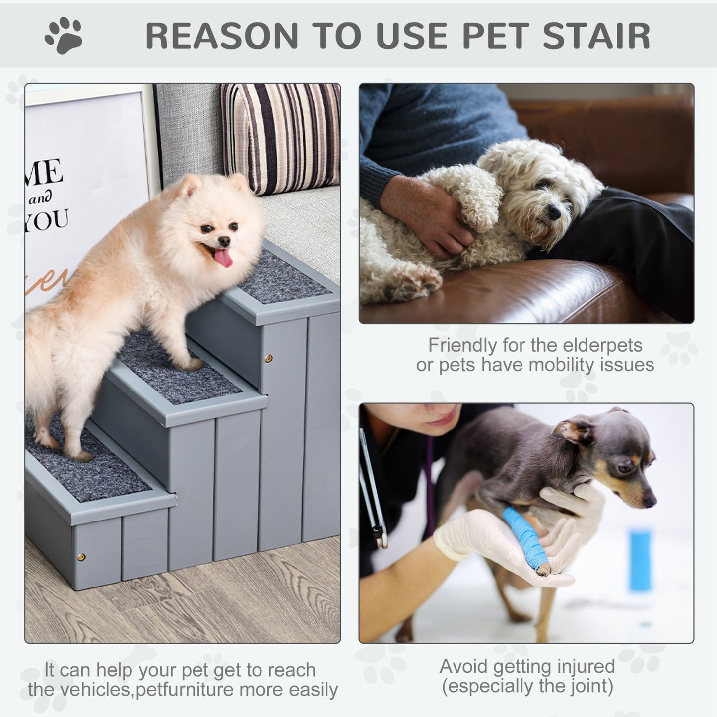 PawHut 3 Step Wooden Dog Steps Pet Stairs for Dogs, Cat Ladder for Bed Couch with Storage Grey - Baig Merchant