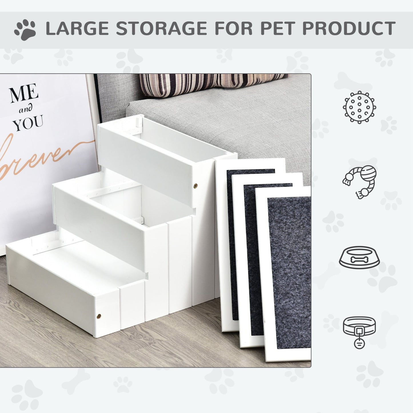 PawHut 3 Step Wooden Dog Steps Pet Stairs for Dogs, Cat Ladder for Bed Couch with Storage White - Baig Merchant