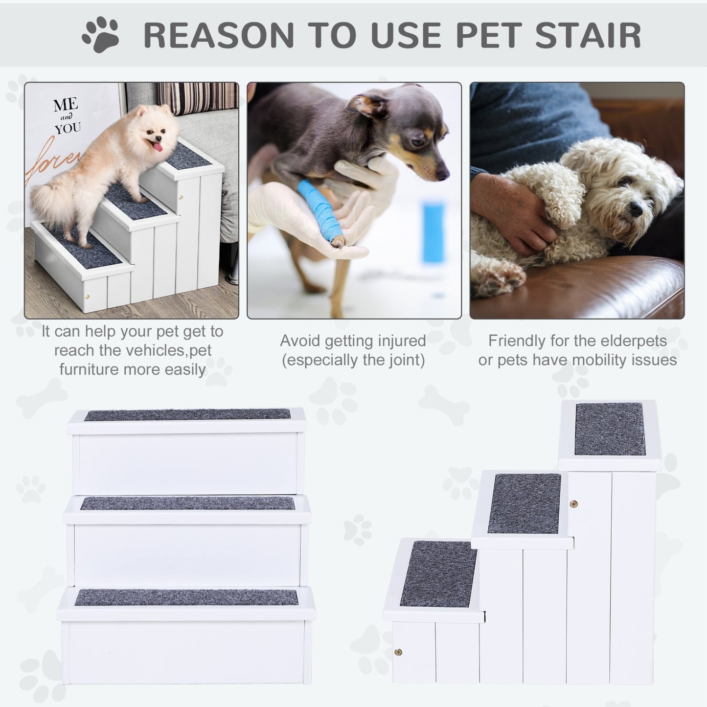 PawHut 3 Step Wooden Dog Steps Pet Stairs for Dogs, Cat Ladder for Bed Couch with Storage White - Baig Merchant