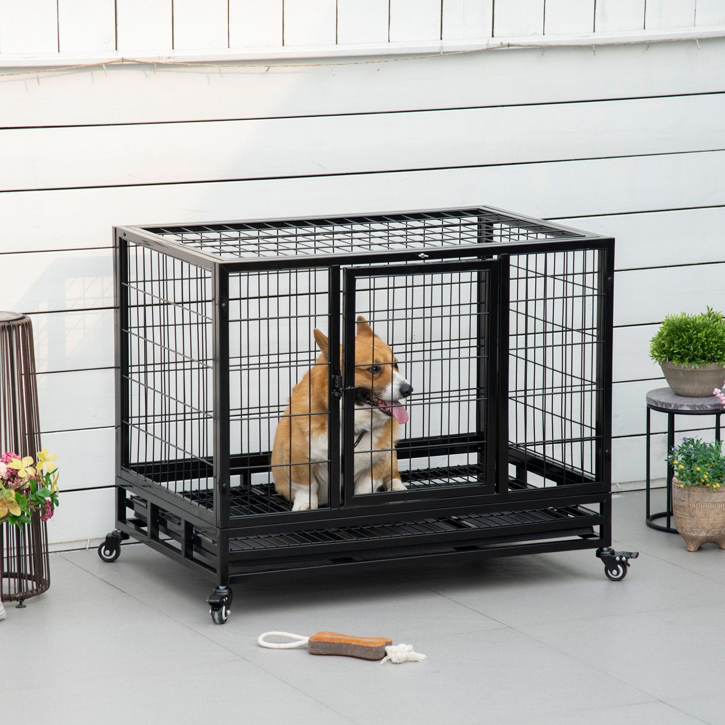 PawHut 38" Heavy Duty Metal Dog Crate Pet Cage with Tray Wheeled Dog Kennel - Black (Medium) - Baig Merchant