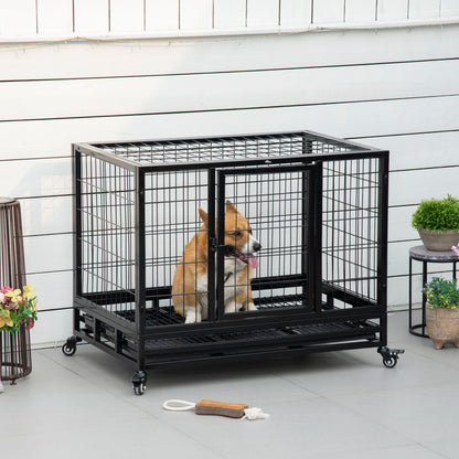 PawHut 38" Heavy Duty Metal Dog Crate Pet Cage with Tray Wheeled Dog Kennel - Black (Medium) - Baig Merchant