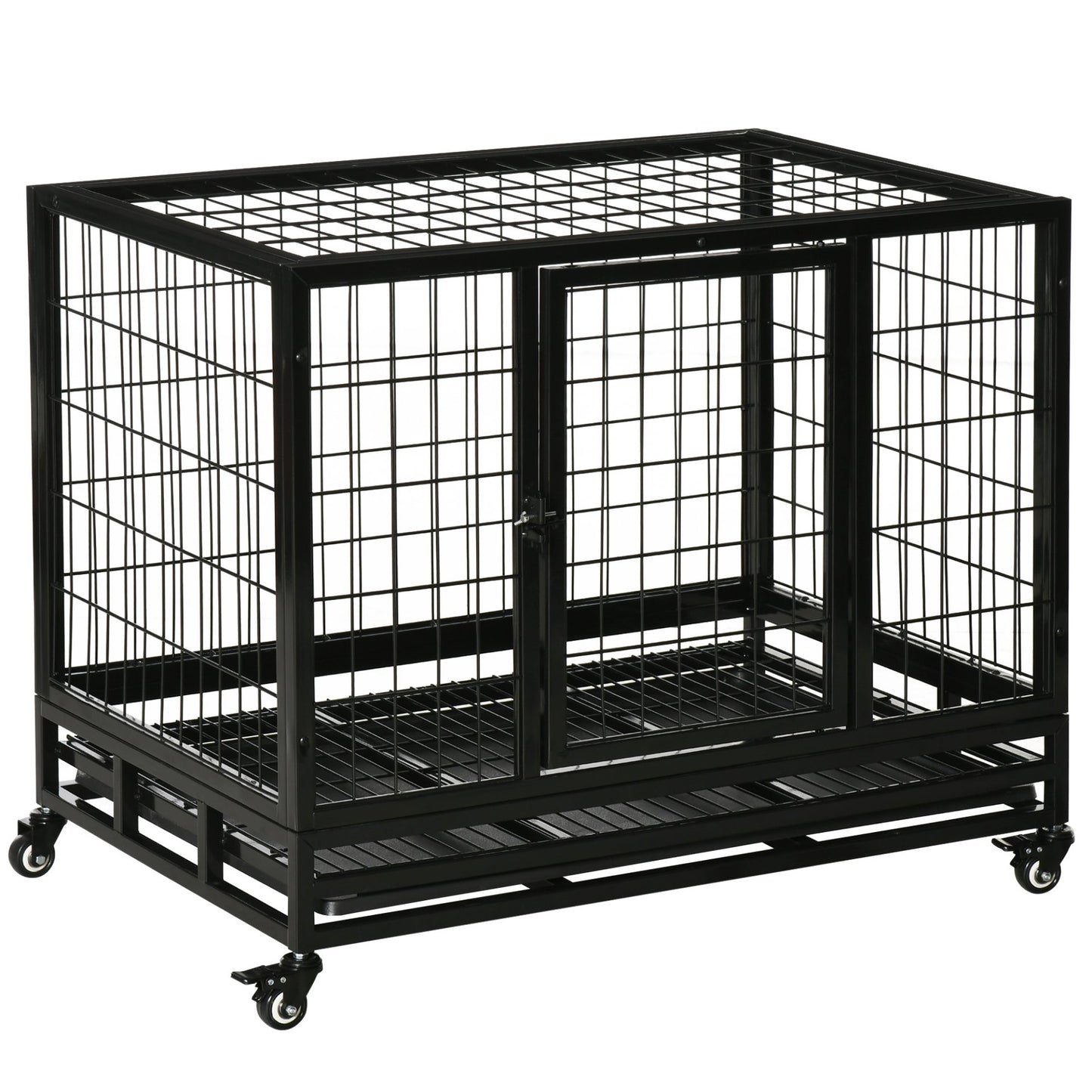 PawHut 38" Heavy Duty Metal Dog Crate Pet Cage with Tray Wheeled Dog Kennel - Black (Medium) - Baig Merchant