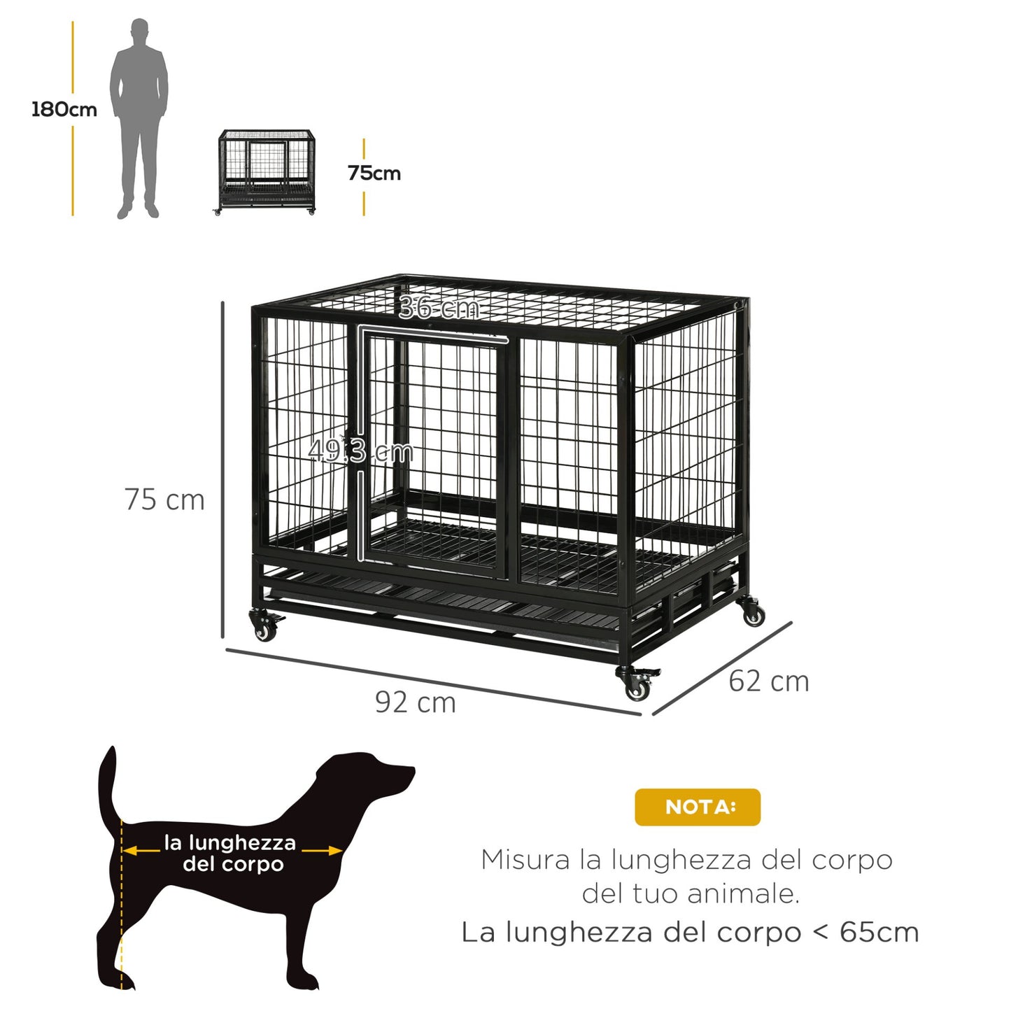 PawHut 38" Heavy Duty Metal Dog Crate Pet Cage with Tray Wheeled Dog Kennel - Black (Medium) - Baig Merchant