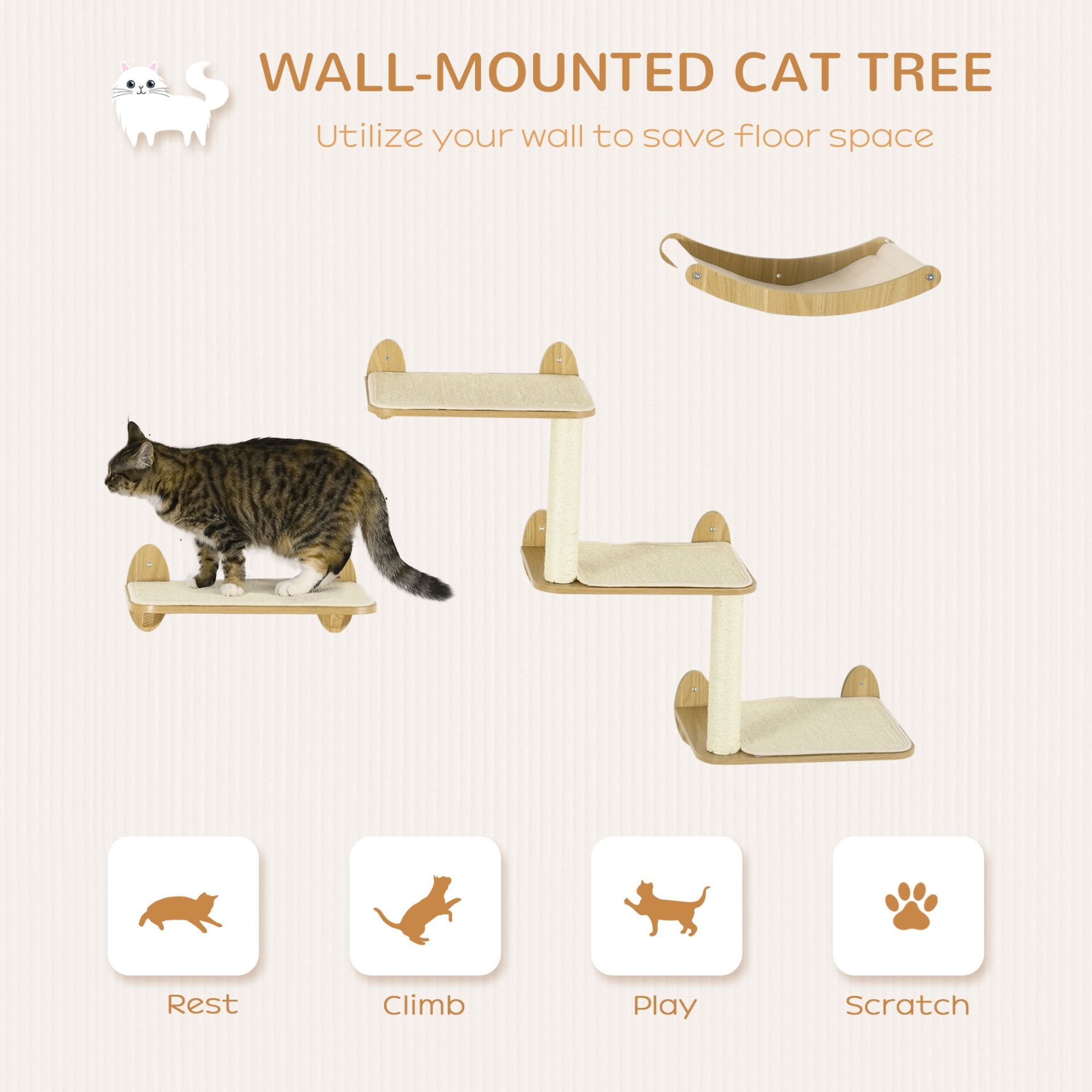 PawHut 3PCs Wall Mounted Cat Tree Cats Shelves, Climbing Shelf Set, Kitten Activity Center with Jumping Platforms Hammock Scratching Post, Oak - Baig Merchant