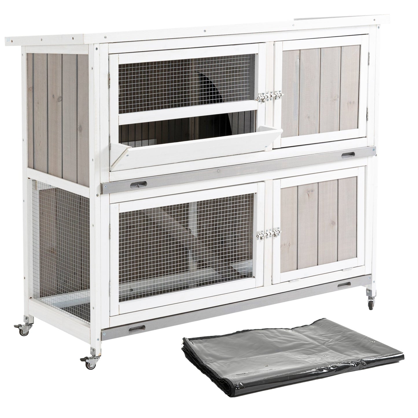 PawHut 4 FT Rabbit Hutch Two Tier Wooden Guinea Pig Cage Bunny House w/ Rain Cover, Wheels - Grey - Baig Merchant