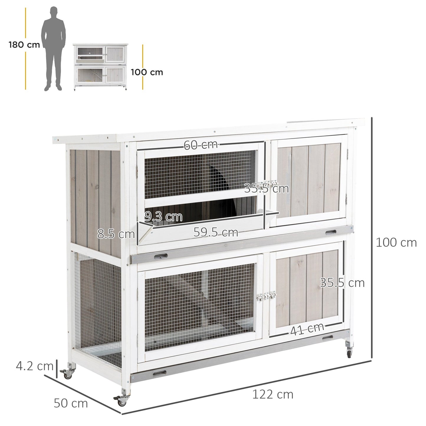 PawHut 4 FT Rabbit Hutch Two Tier Wooden Guinea Pig Cage Bunny House w/ Rain Cover, Wheels - Grey - Baig Merchant