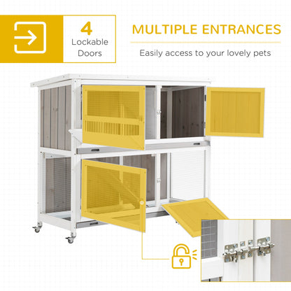 PawHut 4 FT Rabbit Hutch Two Tier Wooden Guinea Pig Cage Bunny House w/ Rain Cover, Wheels - Grey - Baig Merchant