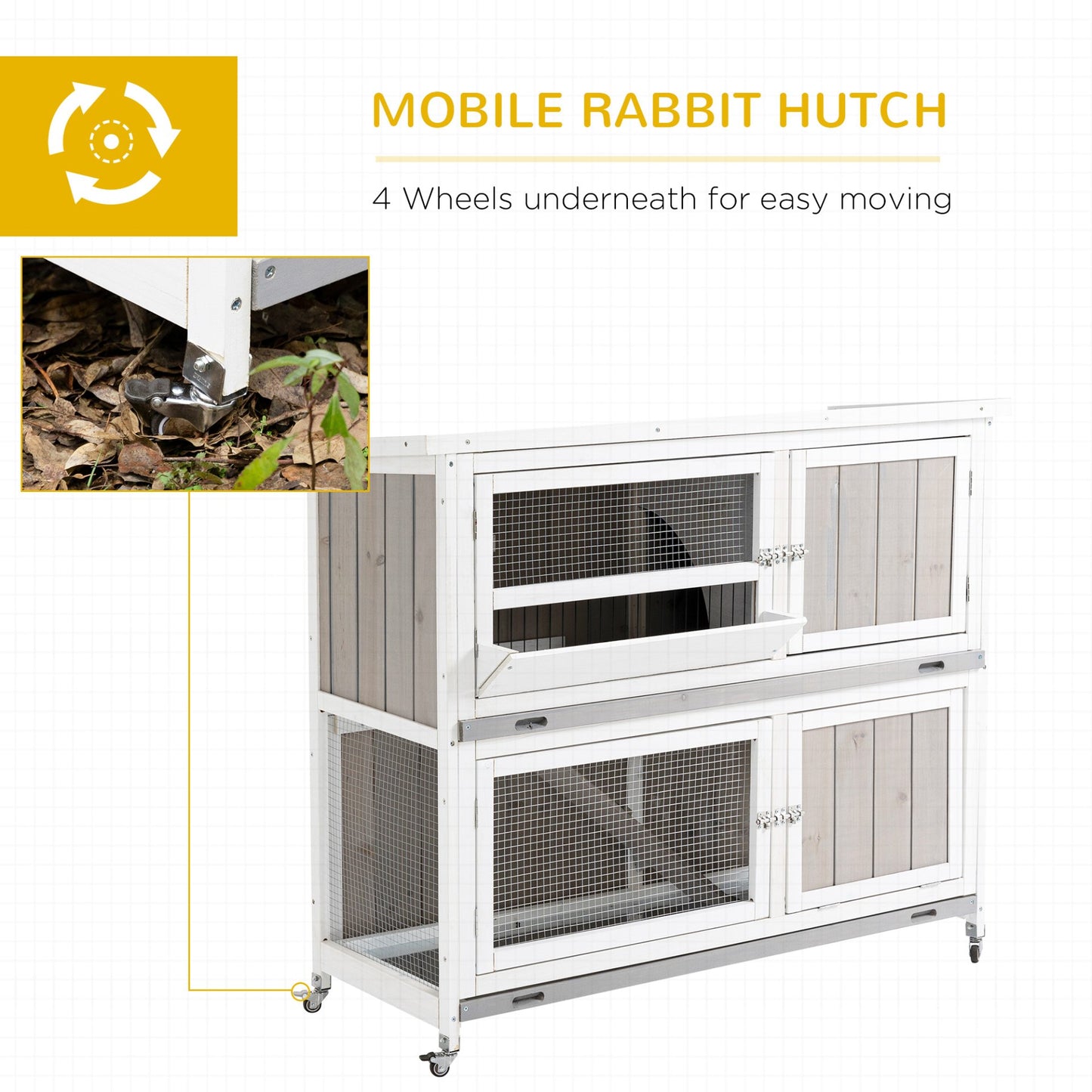 PawHut 4 FT Rabbit Hutch Two Tier Wooden Guinea Pig Cage Bunny House w/ Rain Cover, Wheels - Grey - Baig Merchant