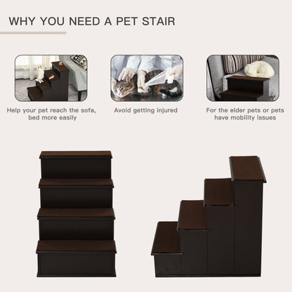 PawHut 4 Step Wooden Dog Steps Pet Stairs for Dogs, Cat Ladder for Bed Couch with Non - Slip Carpet 40 x 59 x 54.2 cm, Dark brown - Baig Merchant