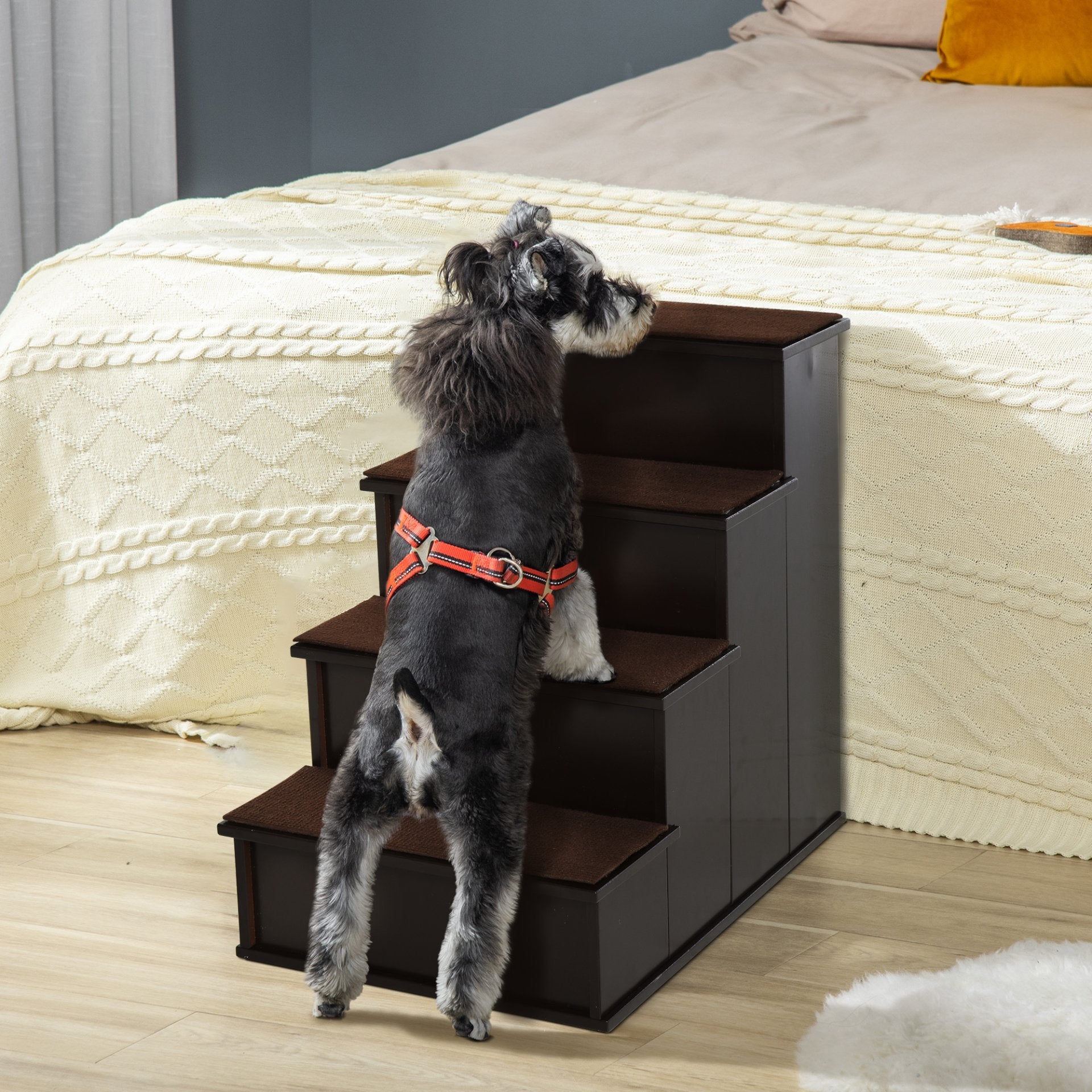 PawHut 4 Step Wooden Dog Steps Pet Stairs for Dogs, Cat Ladder for Bed Couch with Non - Slip Carpet 40 x 59 x 54.2 cm, Dark brown - Baig Merchant