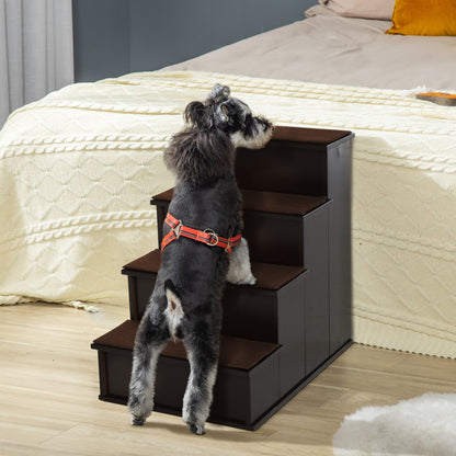 PawHut 4 Step Wooden Dog Steps Pet Stairs for Dogs, Cat Ladder for Bed Couch with Non - Slip Carpet 40 x 59 x 54.2 cm, Dark brown - Baig Merchant