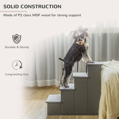 PawHut 4 Step Wooden Dog Steps Pet Stairs for Dogs, Cat Ladder for Bed Couch with Non - Slip Carpet 40 x 59 x 54.2 cm, Grey - Baig Merchant