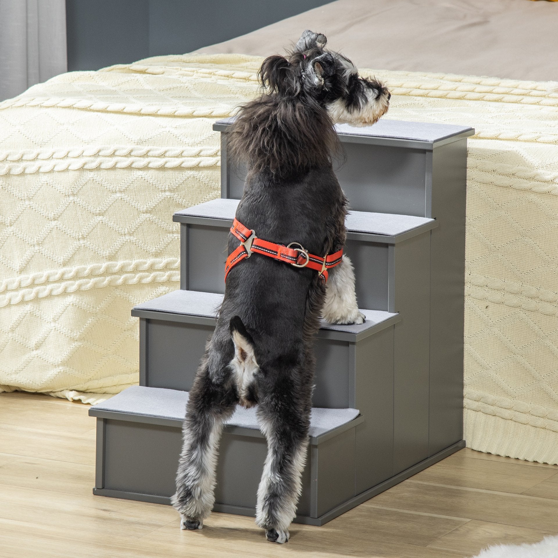 PawHut 4 Step Wooden Dog Steps Pet Stairs for Dogs, Cat Ladder for Bed Couch with Non - Slip Carpet 40 x 59 x 54.2 cm, Grey - Baig Merchant