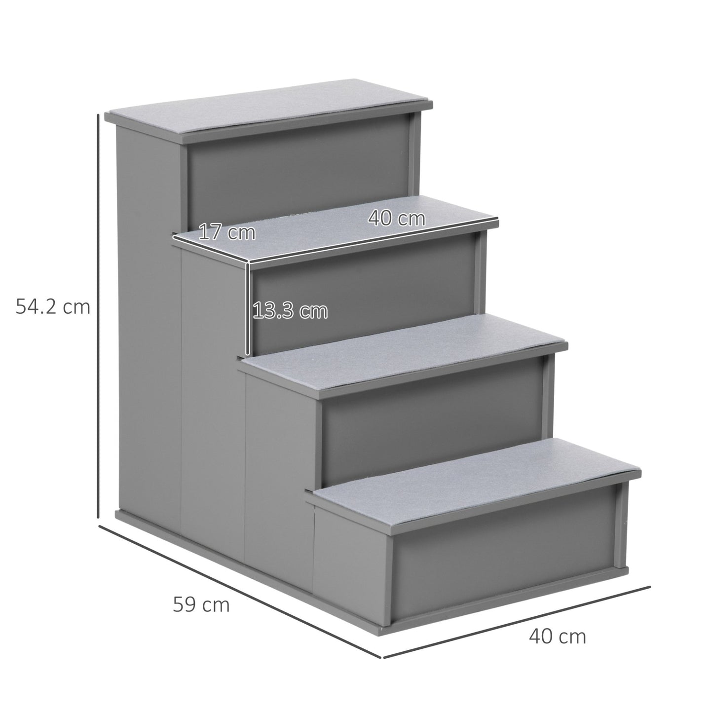 PawHut 4 Step Wooden Dog Steps Pet Stairs for Dogs, Cat Ladder for Bed Couch with Non - Slip Carpet 40 x 59 x 54.2 cm, Grey - Baig Merchant