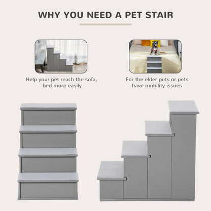 PawHut 4 Step Wooden Dog Steps Pet Stairs for Dogs, Cat Ladder for Bed Couch with Non - Slip Carpet 40 x 59 x 54.2 cm, Grey - Baig Merchant