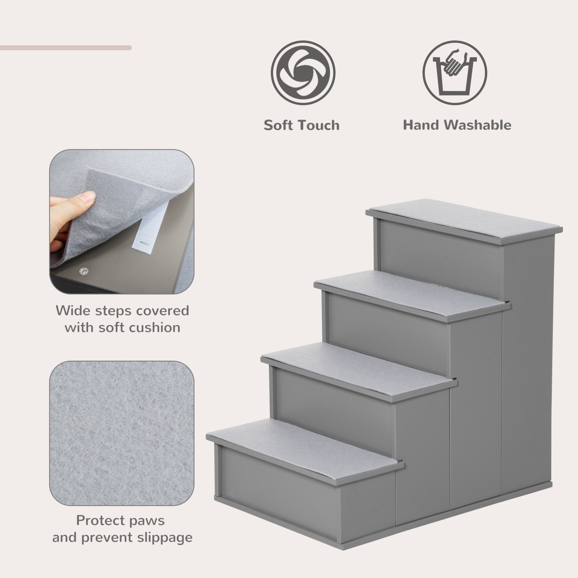 PawHut 4 Step Wooden Dog Steps Pet Stairs for Dogs, Cat Ladder for Bed Couch with Non - Slip Carpet 40 x 59 x 54.2 cm, Grey - Baig Merchant