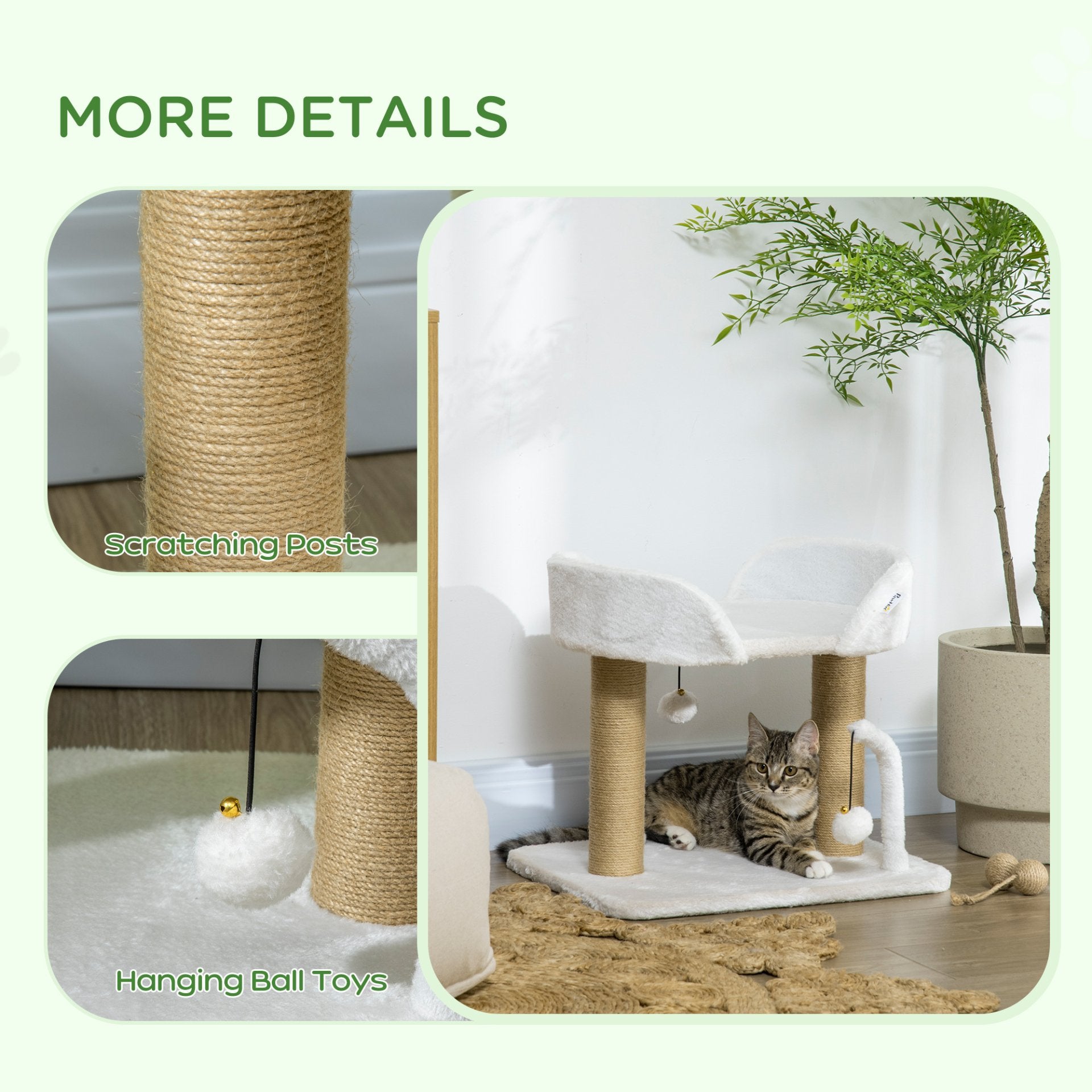 PawHut 42cm Cat Tower for Indoor Cats, Kitten Play Tower, Cat Tree w/ Jute Scratching Post, Toy Balls 48 x 38 x 42cm - White - Baig Merchant