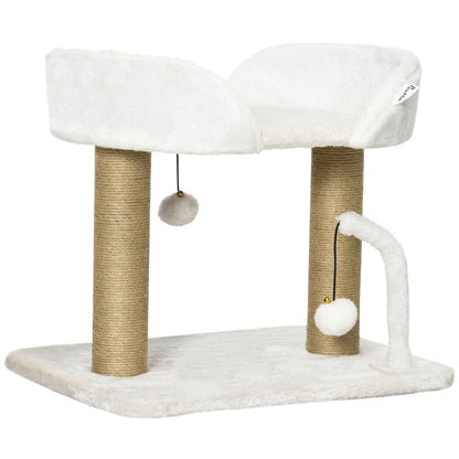 PawHut 42cm Cat Tower for Indoor Cats, Kitten Play Tower, Cat Tree w/ Jute Scratching Post, Toy Balls 48 x 38 x 42cm - White - Baig Merchant