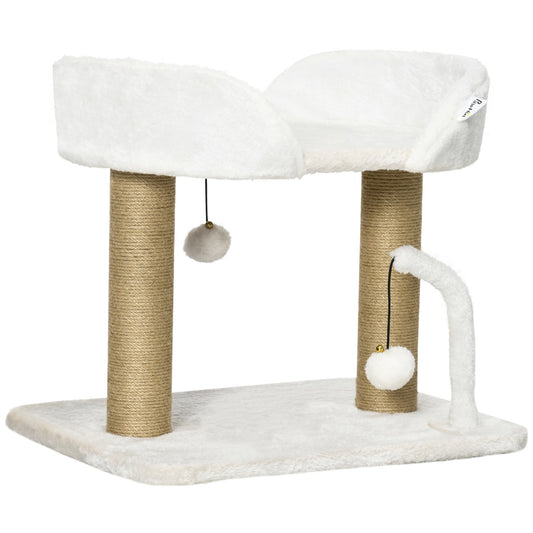 PawHut 42cm Cat Tower for Indoor Cats, Kitten Play Tower, Cat Tree w/ Jute Scratching Post, Toy Balls 48 x 38 x 42cm - White - Baig Merchant