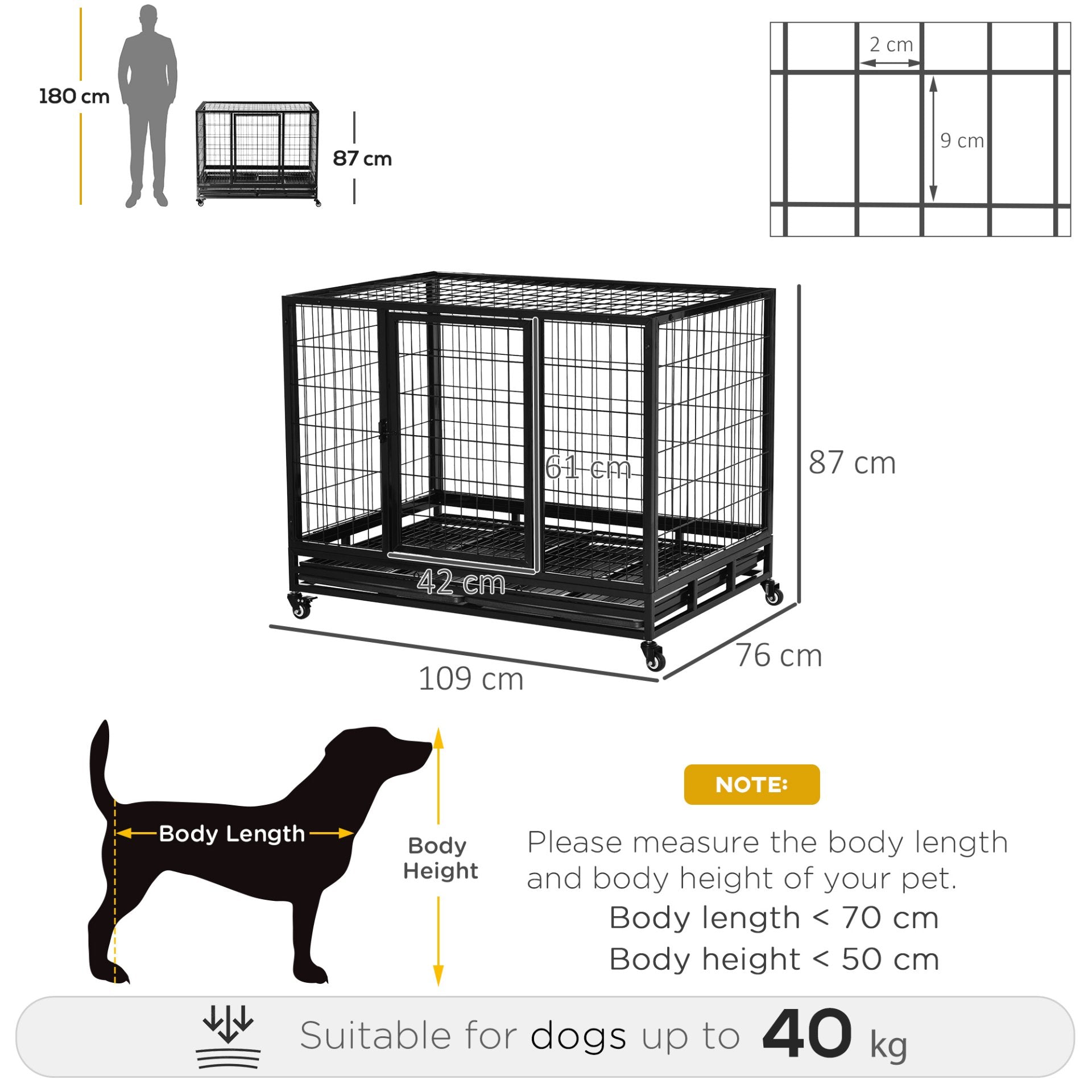 PawHut 43" Heavy Duty Metal Dog Crate Pet Cage with Tray Wheeled Dog Kennel - Black (Large) - Baig Merchant