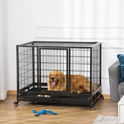 PawHut 43" Heavy Duty Metal Dog Crate Pet Cage with Tray Wheeled Dog Kennel - Black (Large) - Baig Merchant