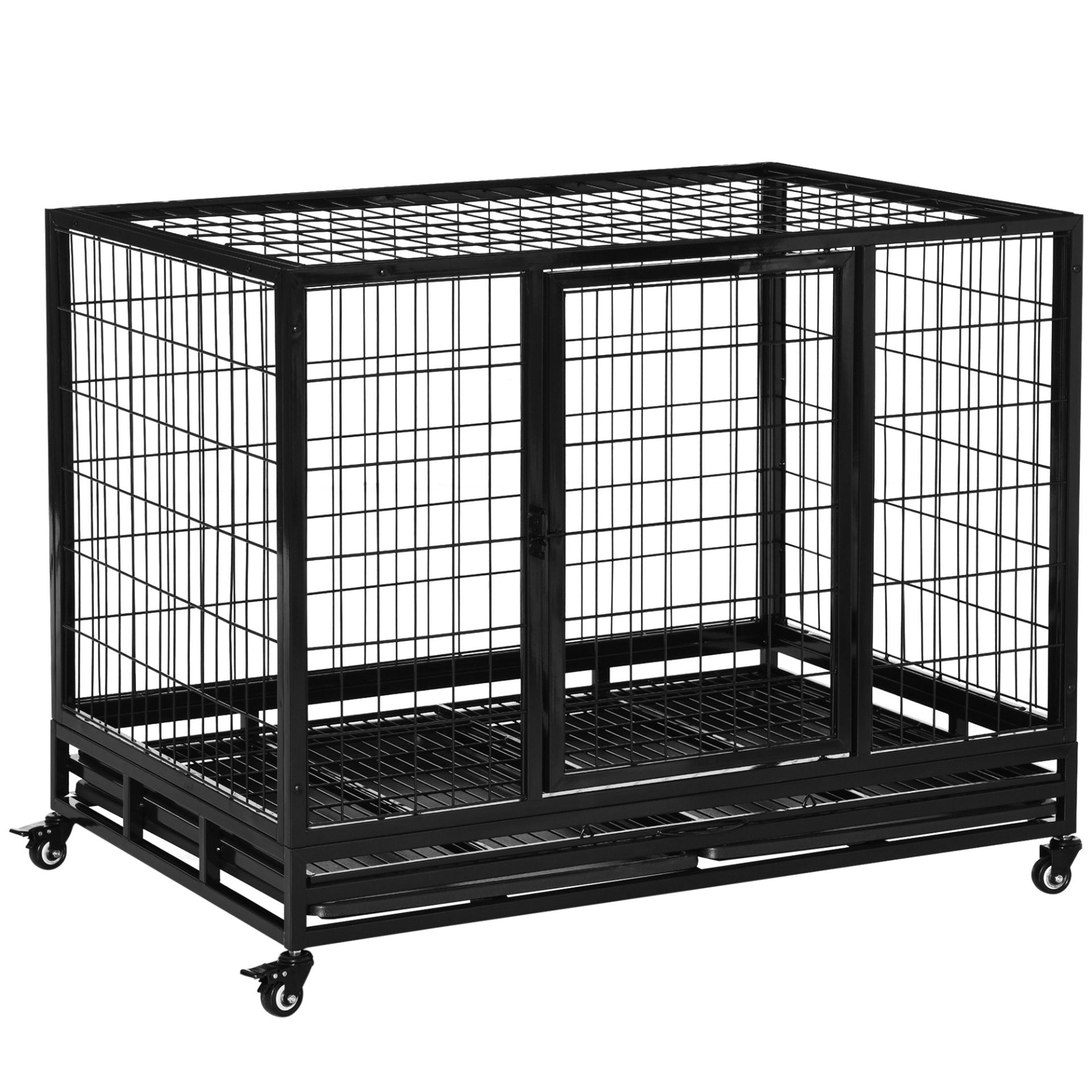 PawHut 43" Heavy Duty Metal Dog Crate Pet Cage with Tray Wheeled Dog Kennel - Black (Large) - Baig Merchant