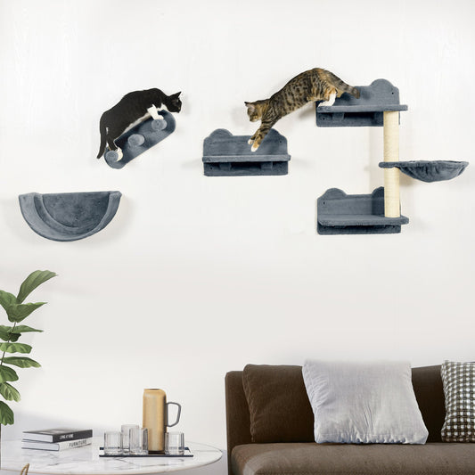 PawHut 4PCs Wall Mounted Cat Tree Cat Wall Shelves Furniture Climbing Shelf Set Kitten Activity Centre w/ Hammock, Scratching Post - Grey - Baig Merchant