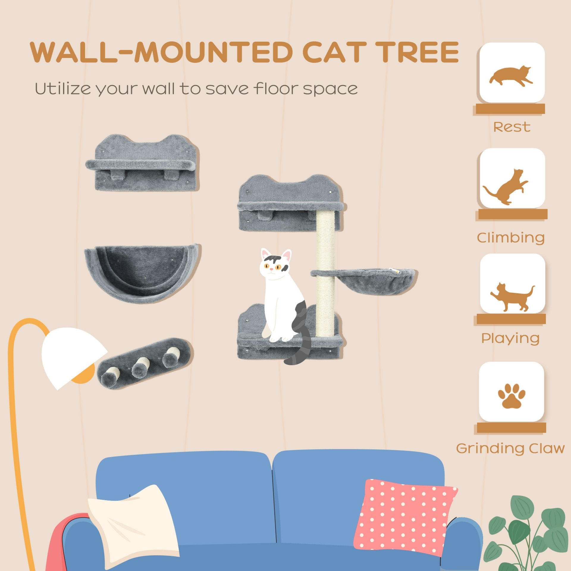 PawHut 4PCs Wall Mounted Cat Tree Cat Wall Shelves Furniture Climbing Shelf Set Kitten Activity Centre w/ Hammock, Scratching Post - Grey - Baig Merchant