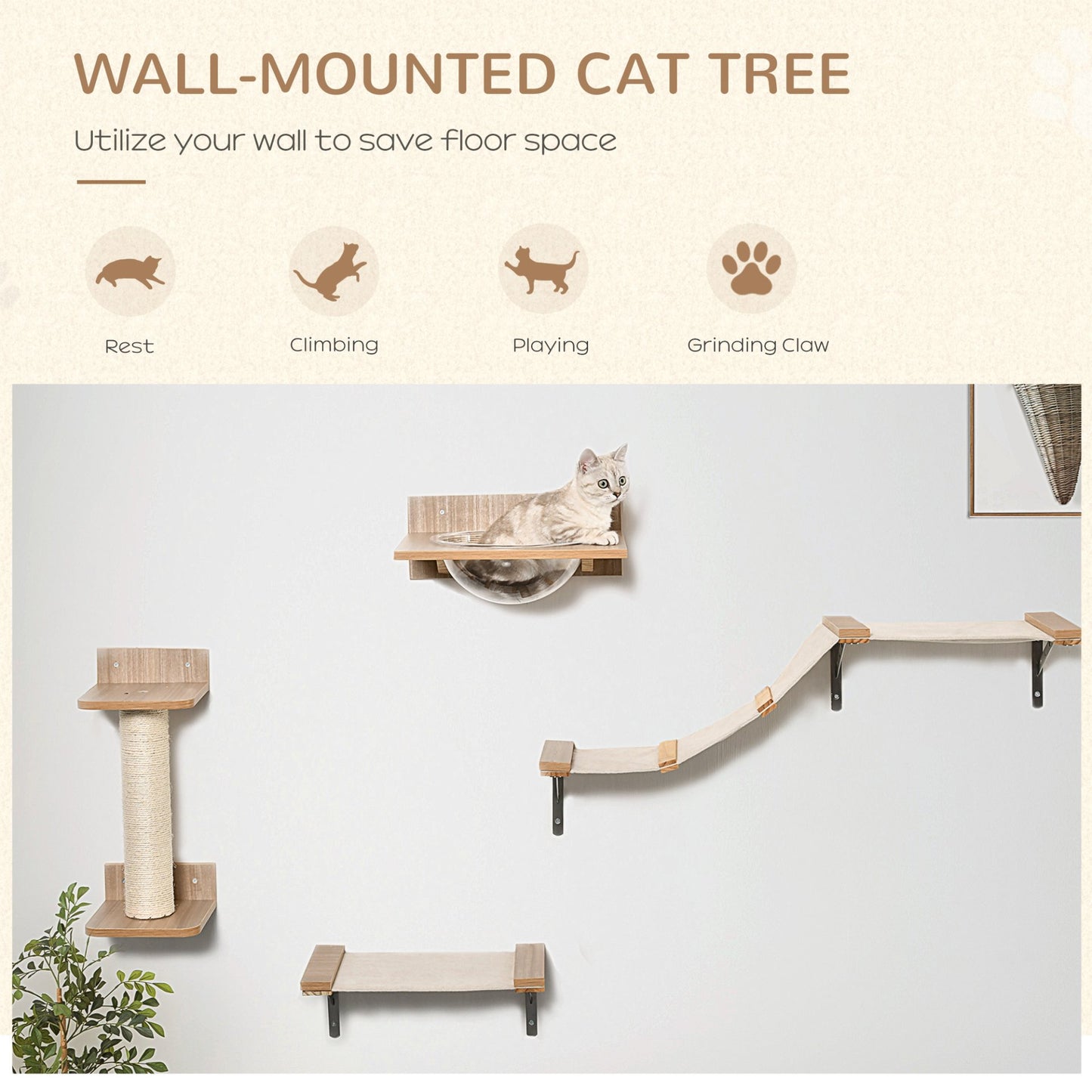 PawHut 4PCs Wall - mounted Cats Climbing Shelf Set Cat Tree Kitten Perch Activity Center with Hammock Scratching Post Jumping Platform Brown - Baig Merchant