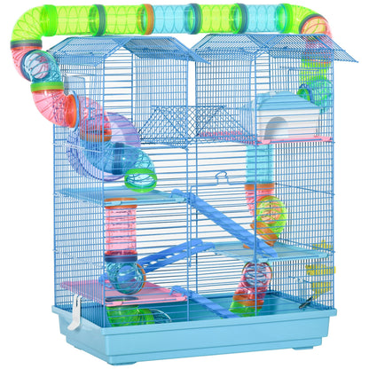 PawHut 5 Tier Hamster Cage Carrier Habitat with Exercise Wheels Tunnel Tube Water Bottle Dishes House Ladder for Dwarf Mice, Blue - Baig Merchant