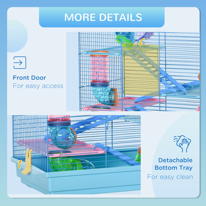 PawHut 5 Tier Hamster Cage Carrier Habitat with Exercise Wheels Tunnel Tube Water Bottle Dishes House Ladder for Dwarf Mice, Blue - Baig Merchant