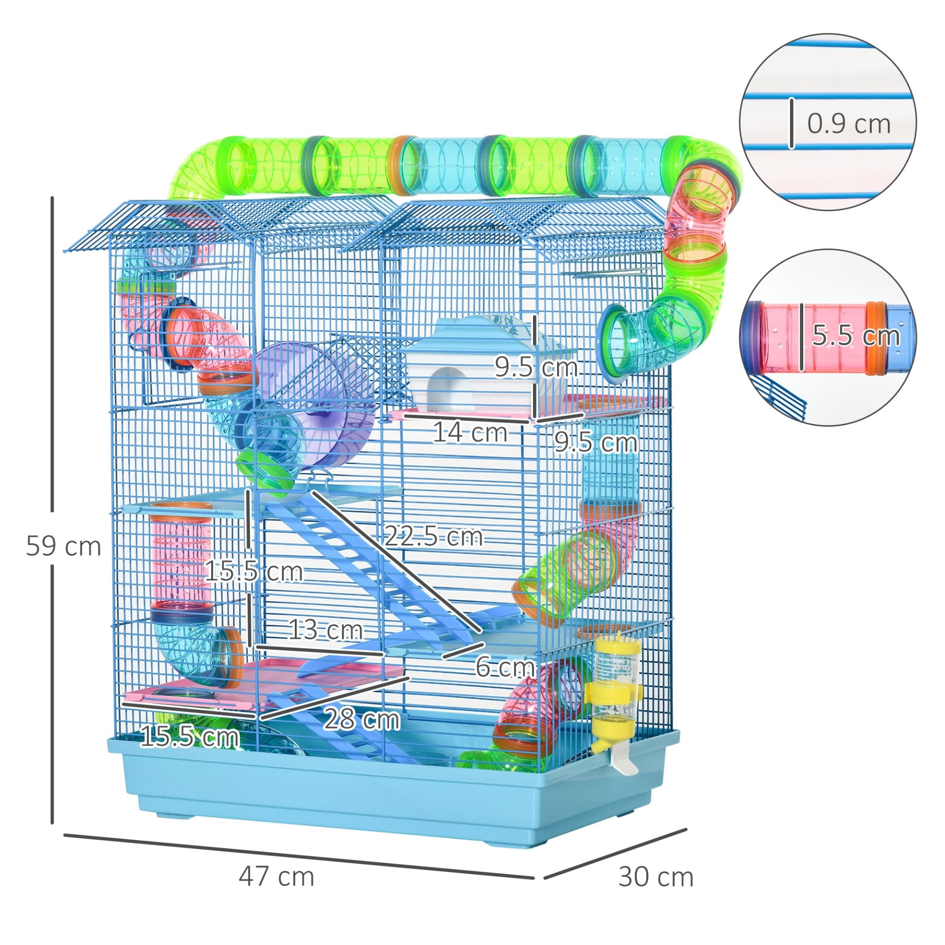 PawHut 5 Tier Hamster Cage Carrier Habitat with Exercise Wheels Tunnel Tube Water Bottle Dishes House Ladder for Dwarf Mice, Blue - Baig Merchant